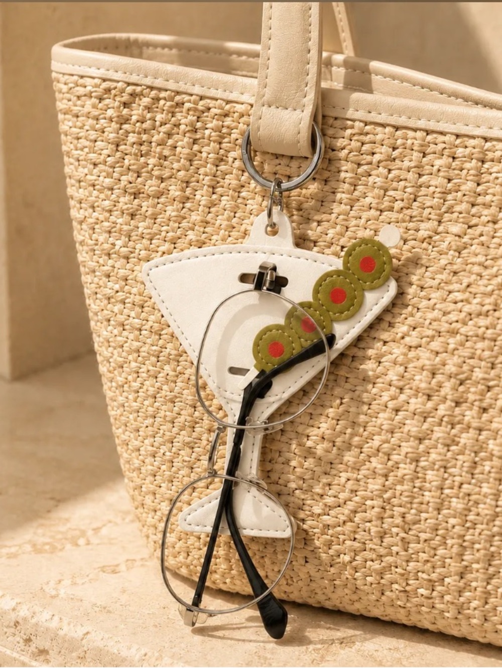 Cute White Leather Martini Bag Charm with Olive Details